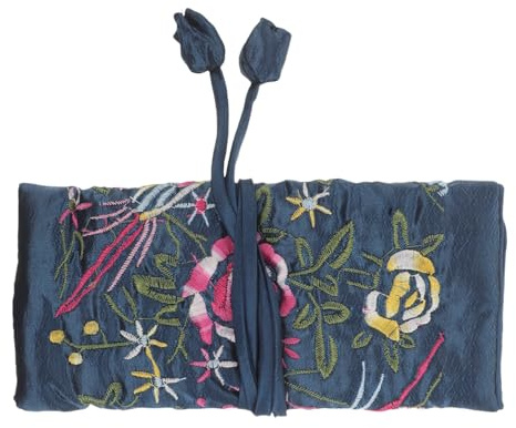 TOGEVAL Pochette de Voyage pour Bijoux à Broderie Élégante, Organisateur Pliable en Tissu pour Bagues, Colliers et Bracelets, Rangement Portable pour Bijoux en Déplacement
