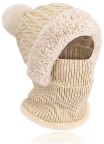 TAGVO Women Winter Knit Hat Scarf Set, 3-in-1 Multifunction Windproof Thermal Elastic Snood Hood Beanie with Loop Scarf in Soft Fleece Linning, Ladies Pom-pom Hat Balaclava Face Ski Mask Beige