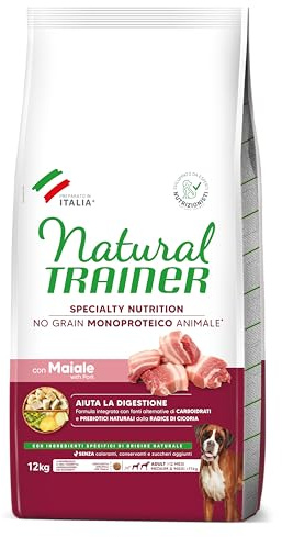 Natural Trainer Sensitive No Grain Monoproteico Animale - Cibo per a Cani Medium&Maxi Adult con Maiale e Patate - 12 Kg