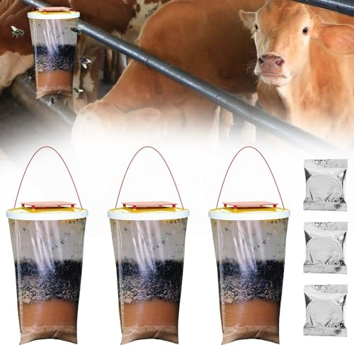 Mineup 3 Pezzi Trappola per Antimosche da Interno Esterno,Cattura Mosche con Alimenti, Sacchetti per trappole per mosche,Acchiappa Mosche per giardino, fattoria, stalla per cavalli all'aperto