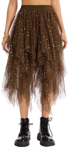 Lovasy Jupe Tulle Femme Paillette Robe Longue Tutu Irrégulier Superposée Jupes Plissée A-Line Elastique Taille Jupe Tutu Midi Noir Rose pour Carnaval Halloween Daily Prom Party Thé