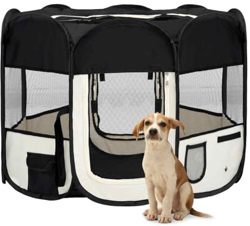 Box pieghevole per cuccioli con borsa per il trasporto, nero, 90 x 90 x 58 cm, robusta area di allenamento e riposo con telaio in acciaio, buona ventilazione e pratiche tasche laterali