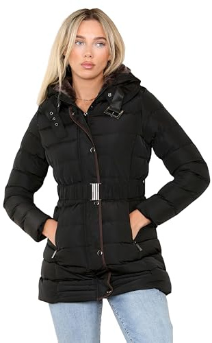 kraftd Women Winter Puffer Jacket Hooded Belted Quilted Short Coat Faux Fur Warm Ladies Parka Womens Winter Outerwear