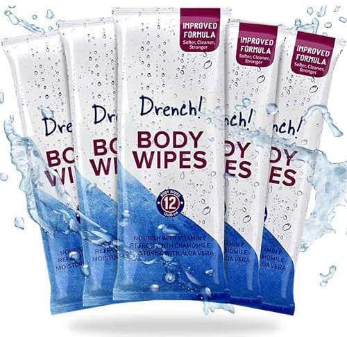 Drench! 60 Pack Luxury Body Wipes for Adults No Shower | No Water Bathing & Cleansing Water Wipes | Microwaveable Rinse-Free Waterwipes | Big Wet wipes for adults, Antibacterial & Deodorant