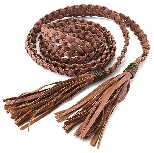 CHIC DIARY Women Braided Tassel Rope Belt Boho PU Leather Tie Belt Brown