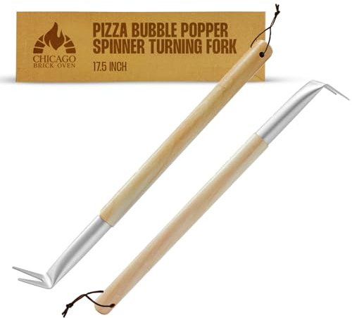 Pizza Bubble Popper Spinner Turning Fork Aluminum 17.5 inch with Wooden Handle and Leather Strap (2-Pack), Pizza Turner Peel - Outdoor Pizza Oven Accessories