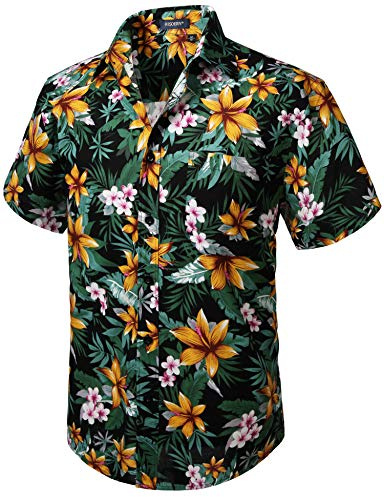 HISDERN Men Funky Hawaiian Floral Shirts Short Sleeve Front Pocket Holiday Summer Aloha Printed Beach Casual Black Orange Hawaii Flower Shirt 2XL
