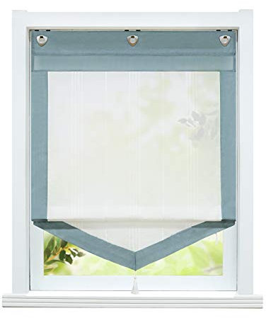 ESLIR Raffrollo ohne Bohren Gardinen Küche Landhaus Raffgardinen mit Ösen Transparent Ösenrollo Vorhang Leinen Grün BxH 140x140cm 1 Stück