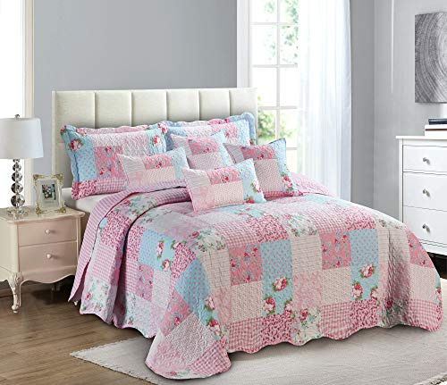 PRIME LINENS Quilted Patchwork Bedspread Bed Throw 3 Piece Bedding Set Includes Comforter 2 Pillow Shams (Floral Pink, Double)