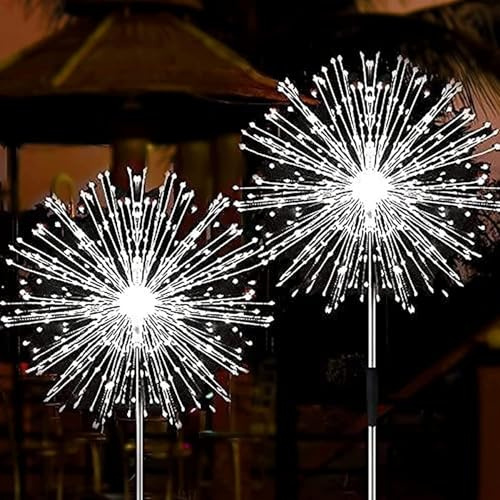 JJGoo Solar Firework Lights, 2 Pack 120 LEDs 2 Lighting Modes Solar Garden Lights Outdoor Waterproof for Yard Patio Walkway Pathway Party Wedding Christmas Decorative- Cool White