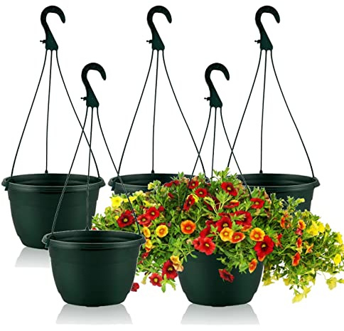 Olly & Rose Hanging Plant Pots Set 5 25cm Frost Proof Plastic Hanging Planters Outdoor Indoor - Commercial (5x Dark Green 25cm)