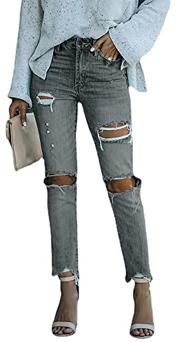 TACSTRUN Los Pantalones Vaqueros De Novio Negro De Las Mujeres Se Rasgaron Los Pantalones De Mezclilla del Tobillo Desgastados Angustiados,Caqui,L