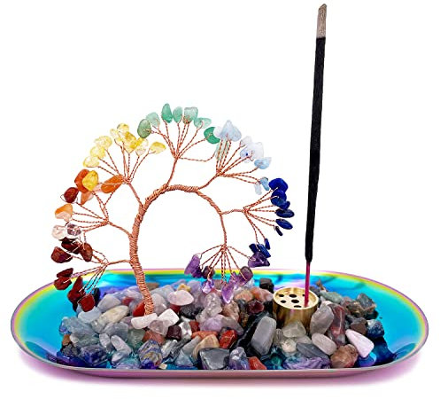 Crystal Incense Holder for Sticks with Ash Catcher Tray Colorful Chakra Healing Crystal Tree Lucky Money Tree for Meditation, Yoga, Home Decor (Colourful)