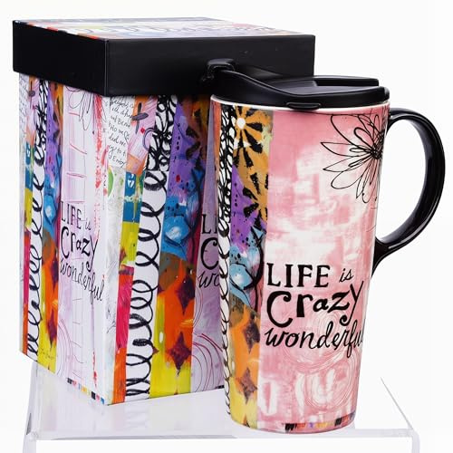 DUSVALLY Ceramic Coffee Mug with Lid Porcelain Cup with Color Box 17oz.Life Crazy Wonderful