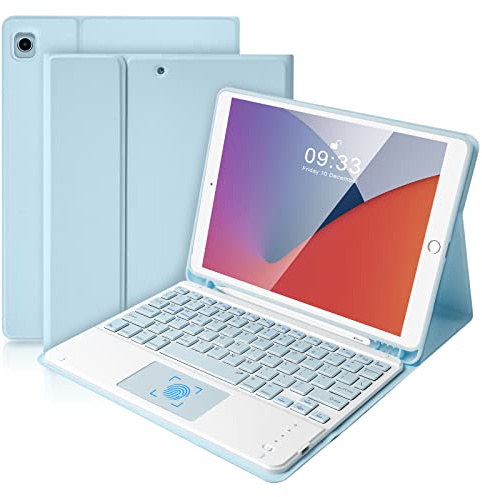 SOPPY Tangentbordsfodral för iPad med pekplatta, Bluetooth-tangentbord för iPad 10.2 9:e gen./8:e gen./7:e gen, iPad Air 3, iPad Pro 10.5 2017, avtagbart tangentbord, inbyggd pennhållare – blå