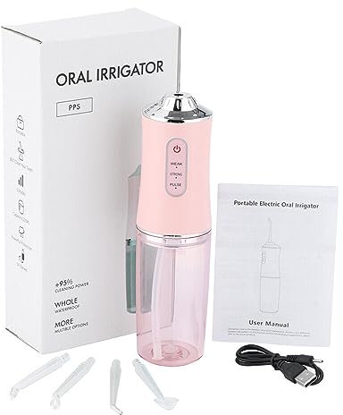BODYA Idropulsore elettrico impermeabile senza fili da 220 ml, irrigatore orale dentale con 4 punte a getto, 3 modalità di pressione (rosa)