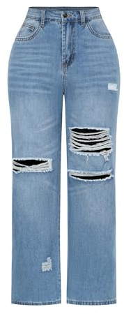 THUNDER STAR Womens High Waisted Wide Leg Jeans Stretchy Distressed Denim Pants Light Blue XS
