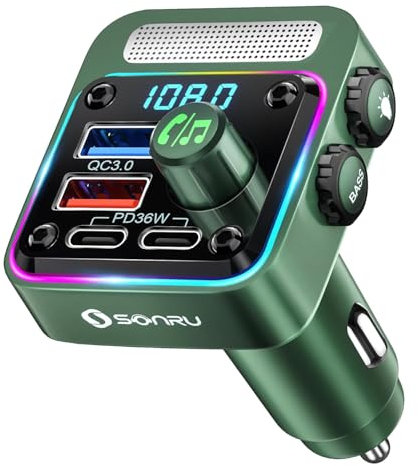SONRU Bluetooth 5.3 Car FM Transmitter【PD 36W+QC3.0 18W】【Bass Music Player】Wireless Car Radio Adapter Hands-Free Calling Support 64G U Disk Card with 5 Colors LED Backlit Switch