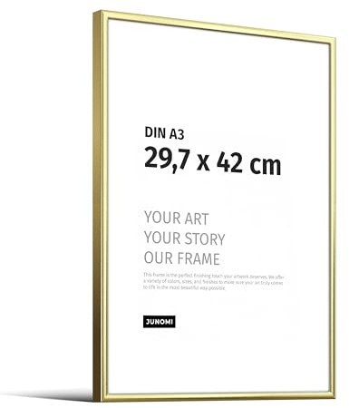 JUNOMI® Cornice portafoto A3 (29,7 x 42 cm), alluminio oro lucido elegante – profilo slim, vetro acrilico antiurto, appendiatura orizzontale e verticale