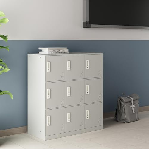[en.casa] Casier Métallique avec 9 Portes Vérouillables Armoire de Rangement avec Étagères pour Bureau École Vestiaire Gym Acier 100 x 90 x 40 cm Gris Clair