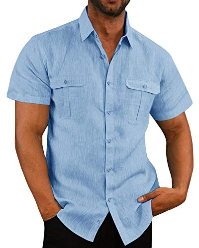 Camicia da uomo in lino a maniche corte, estiva, per il tempo libero, da business, da spiaggia con tasche, Blu, XL