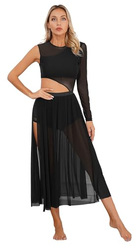 Xnihocha Vestido de danza lírica para mujer, manga larga única, cuerpo de ballet transparente, malla de ballet, tutú de tul con corte, vestido de danza contemporáneo con aberturas, Negro , L