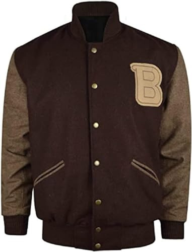 MERCH ATTIRE Hotline Miami Varsity Letterman - Chaqueta bomber de lana marrón con parche B, Chaqueta universitaria de lana, M
