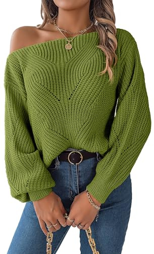 FOEYA Dam Hollow Out tröja one Line Hals Off Axel Lyktärmar elegant långärmad tröja lös stickad blus solid Casual Top, Grön, S