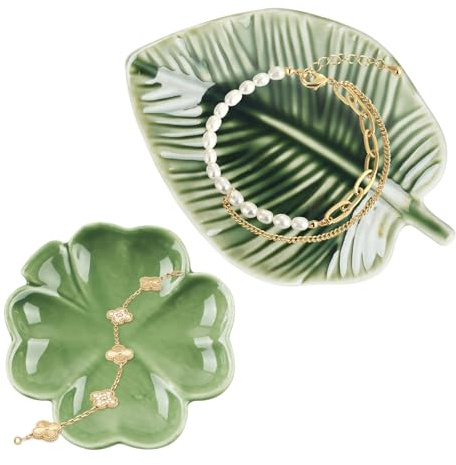 FENGQQKJ Jewellery Tray, Ceramic Ring Holder, Small Decorative Bowl, Aesthetic Room Decor, Leaf Shapes for Dressing Table, Bathroom, Pack of 2