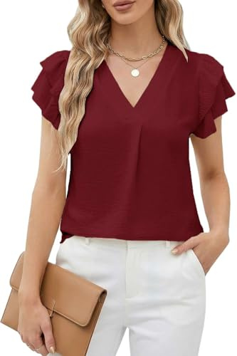 Teesho Damblus, kortärmade toppar, sommarskjortor, V-ringad, eleganta blusar, tunika, toppar, A1-vinröd, XL
