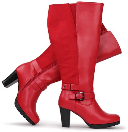 Chicblooms Stivali da donna taglie forti, gambo largo, tacco alto, con fibbia alla caviglia, rosso camoscio., 40 EU