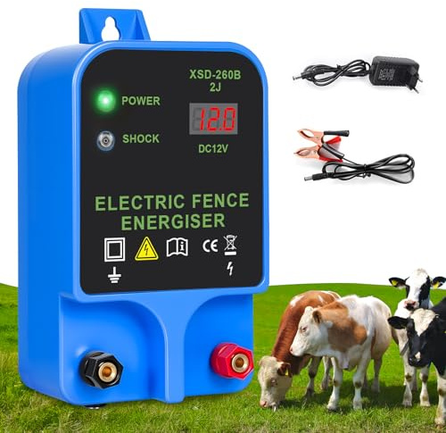 Dispositif de clôture électrique 12 V avec affichage LED, portée 15 km, 2 Joules, 12 kV, pour la protection des animaux de ferme, de la volaille, des pâturages et des jardins