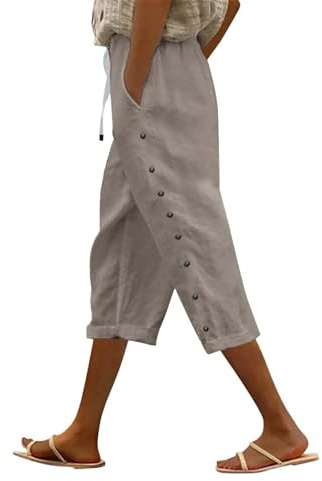 Pantalon court en lin pour femme avec cordon de serrage et taille élastique, pantalon capri léger avec poches, pantalon décontracté 3/4, pantalon de plage pour femme, kaki-b, M