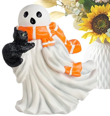 Evember Figura fantasma | Estatua de gato fantasma de resina | Adorno de dibujos animados de Halloween para decoración de ambiente de escritorio para interior del hogar, ventana, sala de estar, lugar