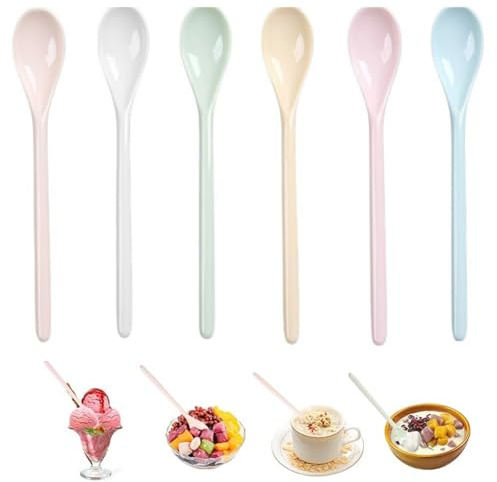 Zeaying 6 Pezzi Colorati Cucchiaio Plastica Dura, Cucchiai Di Plastica Manico Lungo Anti-Goccia, Cucchiaio Da Zuppa Riutilizzabile, Manico lungo in melamina cucchiai per cucina, caffè, bevande, uova