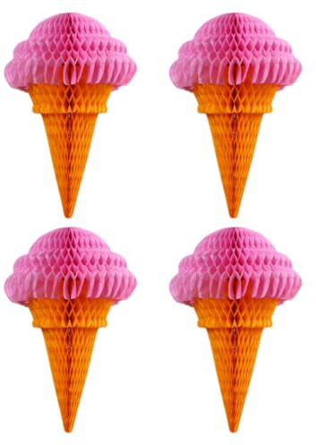 POPETPOP Decorazioni per Feste di Compleanno 4 Pezzi Ciondoli a Sfera Nido D’Ape a Forma di Gelato in Carta Colorata Rosa Addobbi da Appendere per Eventi e Sfondi Fotografici
