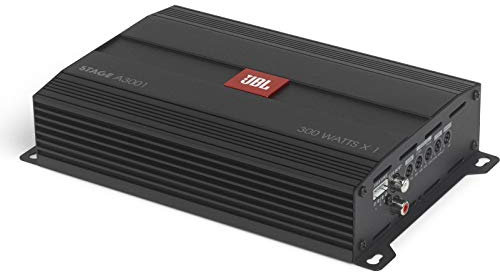 JBL Stage A3001 Amplificateur Voiture Mono pour Subwoofer - 600W Peak 300W RMS 2 Ohms, Classe D Compact, Filtre Passe-Bas Variable, Bass Boost, Entrées Haut Niveau Audio Auto