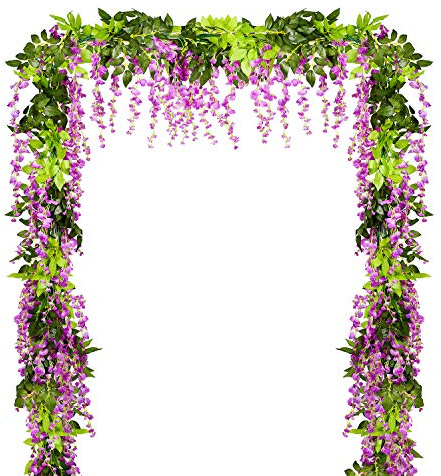 Lvydec Wisteria Artificial Flowers Garland, 4 Pcs Total 28.8ft Artificial Wisteria Vine Silk Hanging Flower for Home Garden Outdoor Ceremony Wedding Arch Floral Decor (Purplish Red)