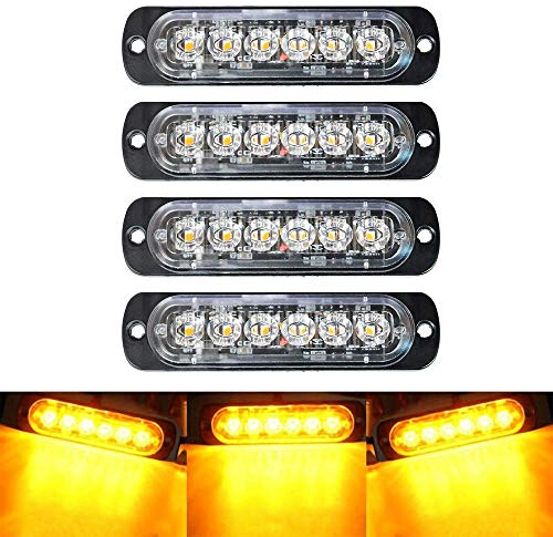 4-Pack 6 LED Amber Strobe Lights Vehicles Trucks Emergency Strobe Lights Kit 12V -24V Warning Hazard Flash Strobe Lights Bar Grill Grille Surface Mount Super Bright Waterproof