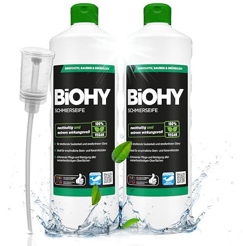 BiOHY Savon doux (2 x 1l Bouteille) + Distributeur | Nettoyant pour sols CONCENTRÉ | Ingrédients naturels | applicable sur caoutchouc, linoléum, parquet, PVC, pierre (Schmierseife)