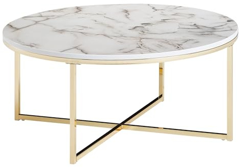 Wohnling Couchtisch 80x36x80 cm mit Marmor Optik Weiß, Wohnzimmertisch mit Metall-Gestell, Sofatisch Rund Tisch Wohnzimmer, Beistelltisch