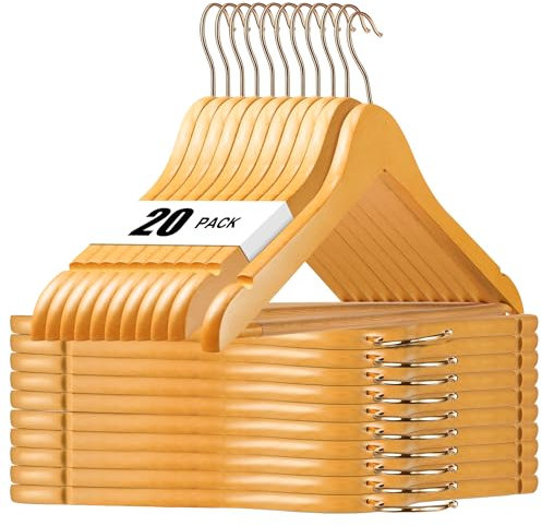 HOUSE DAY Kleiderbügel Holz, 20er Holzkleiderbügel, Kleiderbügel Natur für Anzüge, 360° drehbarer Haken in Roségold, rutschfest, Einkerbungen im Schulterbereich