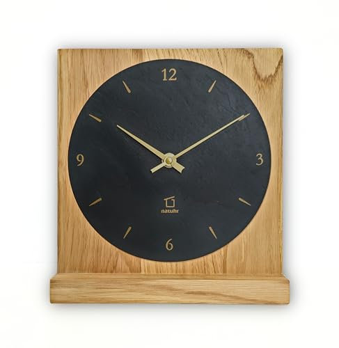 Natuhr Stein Schiefer Tischuhr - Ortler - Holz Eiche Massivholz (Schiefer Schwarz/Eiche geölt, Funkuhrwerk)