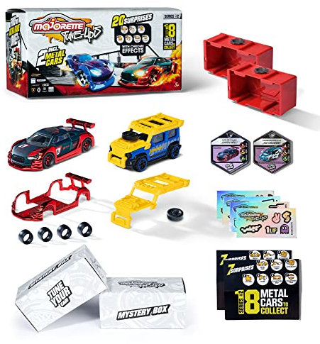 Majorette – Tune Ups Series 2, 2er Set mit 20 Überraschungen, Spielzeugautos aus Metall zum Tunen, 2 von 18 Autos zum Sammeln im Überraschungspack, inkl. Tuning-Zubehör, Sammelboxen und Stickern