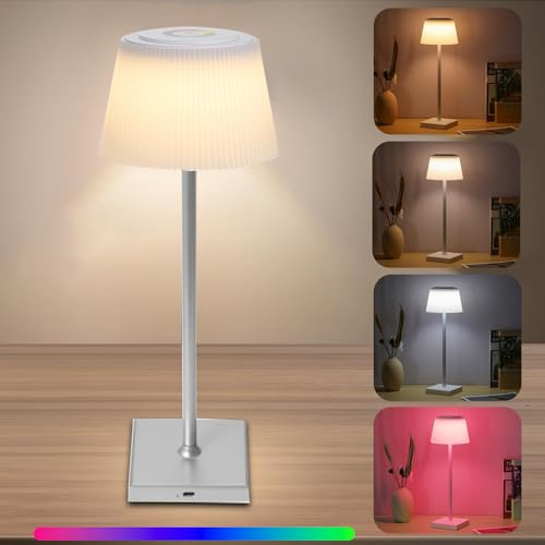 Neoglint 38 cm Lampada da Tavolo Senza Fili RGB+CCT, Lampada LED Ricaricabile e Dimmerabile con Controllo Touch, 3 Temperature di Colore,IP44, Lampada da Scrivania per Camera Soggiorno - Grigio
