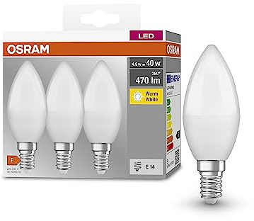 Osram BASE CLASSIC B 40 FR LED-Lampe mit Sockel E14, Minikerzenform, 3er Pack, 4,9W, 470lm, 2700K, warmweißes Licht, geringere Wärmeentwicklung, sehr geringer Energieverbrauch, lange Lebensdauer