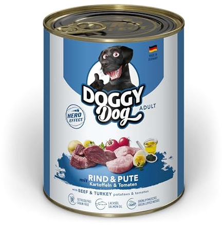 DOGGY Dog Paté Rind & Pavo, 6 x 800 g, Comida húmeda para Perros, sin Cereales, con Aceite de salmón y mejillón de Labios Verdes, pienso Completo con Patatas y Tomate, Fabricado en Alemania
