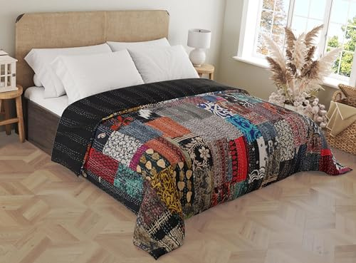 Marubhumi Blankets Handmade Cotton Quilts Kantha Blanket Indian Silk Sari Patchwork Quilts, Black - Queen 90 x 108