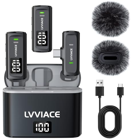LVVIACE Wireless Lavalier Microphone for Phones with USB Type C ports, 40 Hours of Battery life with Transmitter Digital Display Charging Case, 82ft Mini Mic with Noise Cancellation (USB Type C)