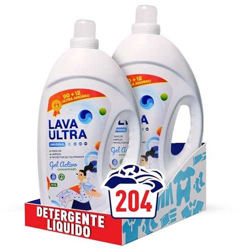 Pack de 10.2L - 204 Lavados, Lava Ultra Gel Activo - Detergente Líquido Concentrado para Lavadoras, Sin Fosfatos, Apto para Todo Tipo de Telas, Suave y Fresco, Fabricado en España